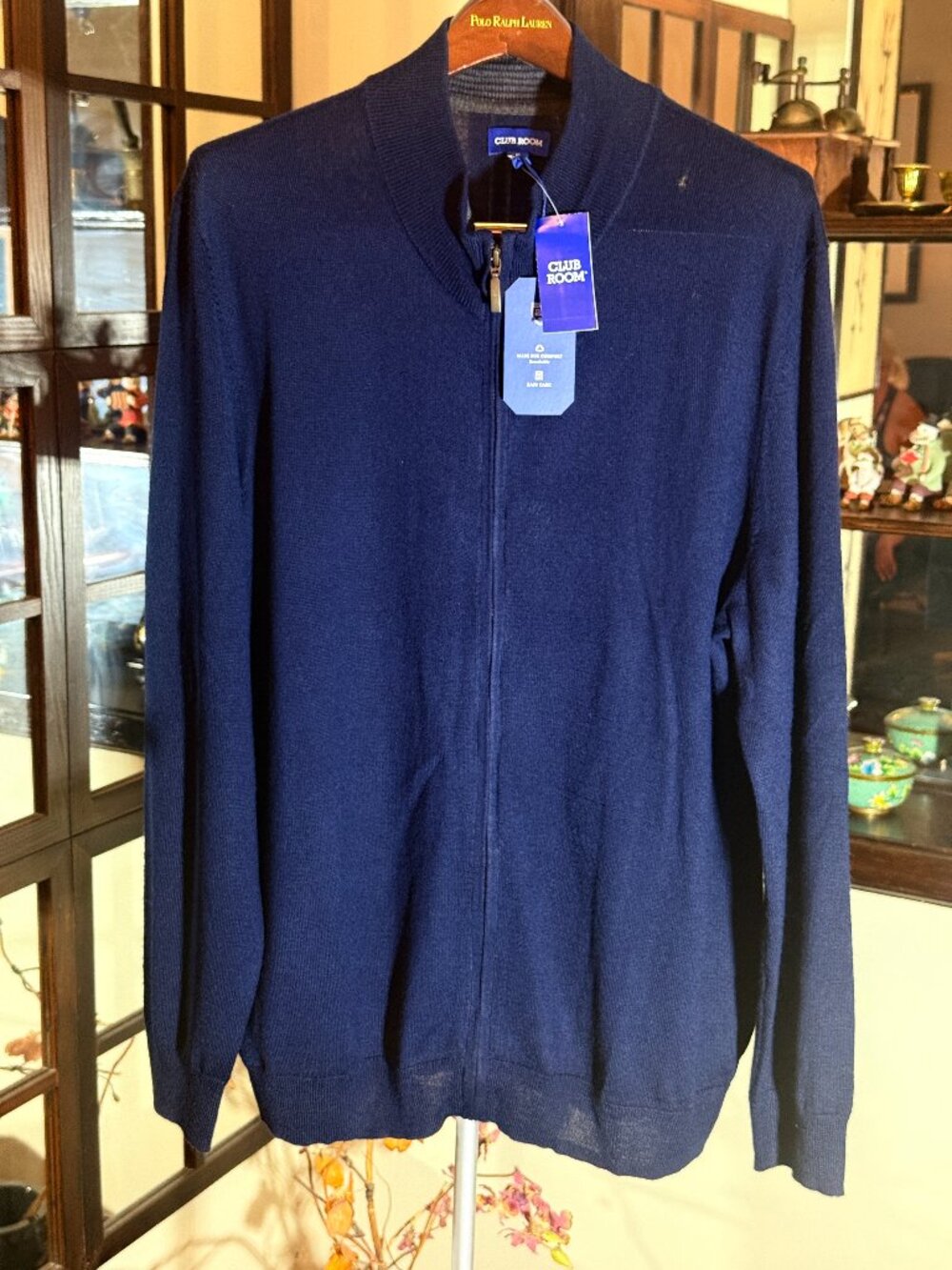 Club Room Men's Merino Wool Blend Full Zip Sweater Navy Blue Size XL NWT